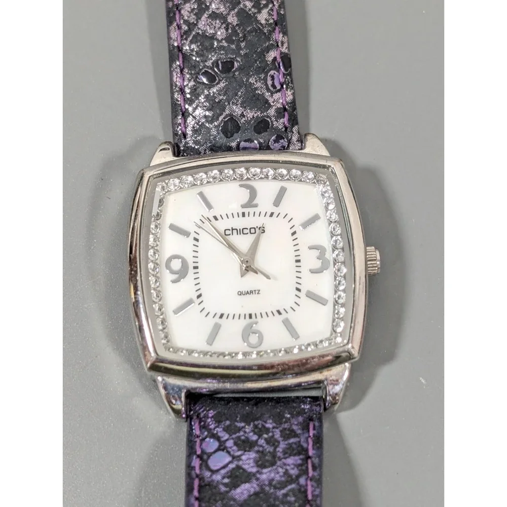 Chicos Womens Quartz Watch‎ With Rhinestone Accents & Purple Leather Strap